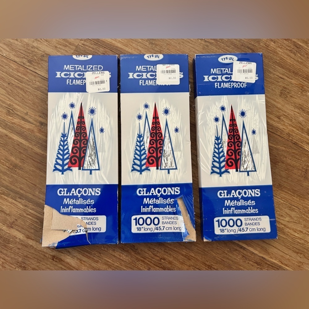 3 Unopened Boxes of Vintage Silver Christmas Tinsel Icicles